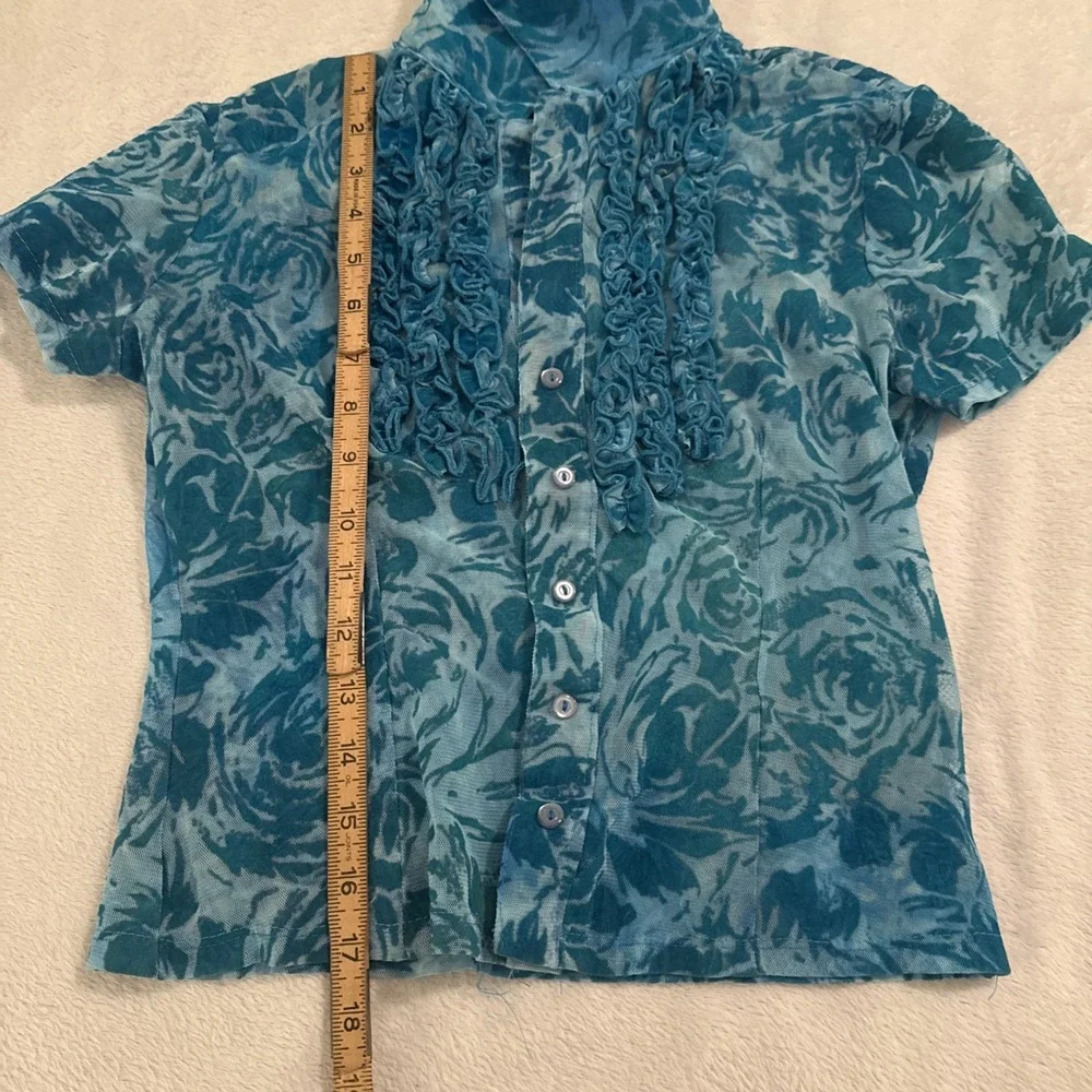 Vtg 90s Y2K Rampage Sheer Velvet Burnout Top Sz M Aqua Floral Ruffle Collar Mesh - Picture 7 of 14